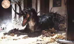 a black and brown dog laying on top of a pile of rubble