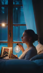 the woman in the dark holds an illuminated globe