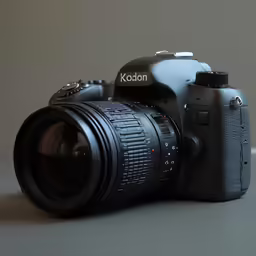 a black camera on a white table with a nik nikon lens