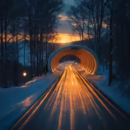 a highway with snow, light trails and trees at dusk
