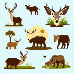 different types and sizes of wild animals,a collection of wild animals from the back up,a set of animals that are in different places,wild animals in the grass on an isolated background,there are various animals on the land and in the woods
