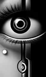 a futuristic digital eye with the background showing a circular object
