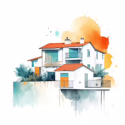 a watercolor drawing of an orange and white house