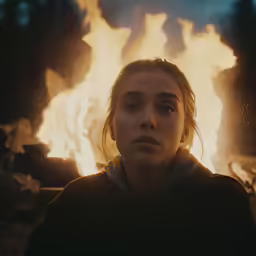 a woman staring at the camera with flames around her