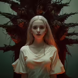 a girl is standing in front of a tree with its roots sprout