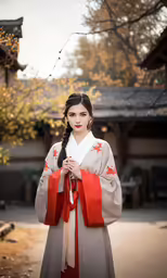 a woman in an oriental dress posing for the camera