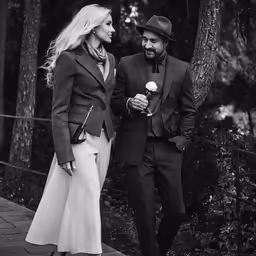 a couple walk together in the park dressed in black and white