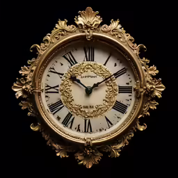 a golden clock that has roman numerals on it