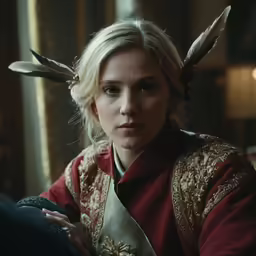 a woman in costume is staring at the camera