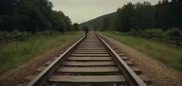a railroad line with a single man standing on one end