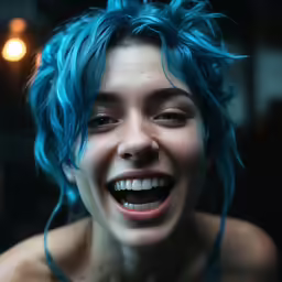 a woman with blue hair has blue dyed hair