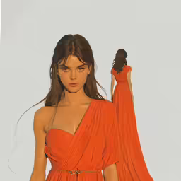 a model wearing an orange, wraparound gown with a sheer shawl
