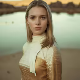 the young woman has long blonde hair and brown eyes