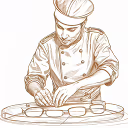 a chef cutting into small glasses with one hand