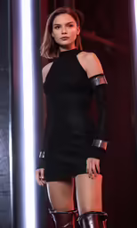 a woman posing in short dress and knee high boots