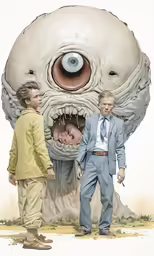 two children standing in front of a cartooned monster