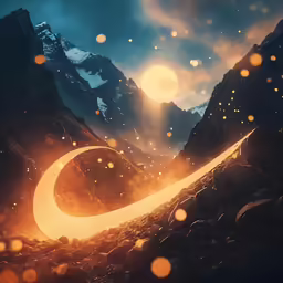 a digital painting of a bright pathway leading to some mountains