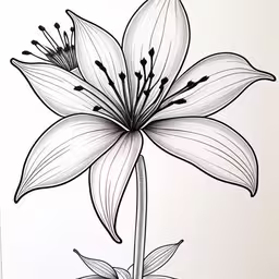 the flower is drawing in black and white,a drawing of a flower with some leaves,drawing of a flower from the back side, with long leaves,an ink drawing of a single flower on a white background,a drawing of a large lily with flowers on it