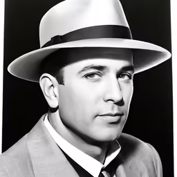 a man with a suit and hat looking to the right