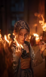 a woman smoking a cigarette and surrounded by torches