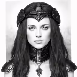 a woman with long hair wearing armor and choker