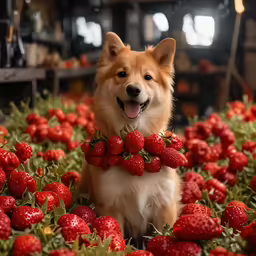 a dog in a field full of strawberries, smiles