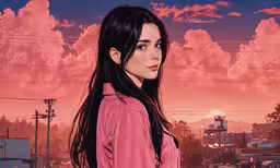 a cartoon girl with long hair and black hair stands in front of pink clouds,a woman looks into the distance while wearing pink