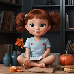 a cartoon character sits on the floor next to some pumpkins