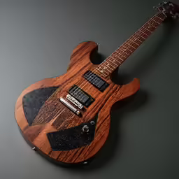 a guitar made from a wooden with a black leather case