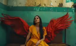 a woman sitting on a bed in front of an artistic painting