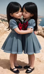 two little girls in dresses standing on sand