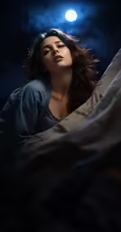 a young lady is lying on the edge of her bed