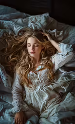 young blonde lady sitting on white comforter on dark background