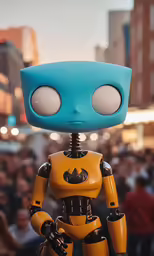 a little robot with big eyes standing near a crowd
