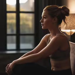 a women sitting on a couch while holding her hands clasped