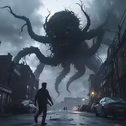 a giant octopus crawling over a man in the middle of a city