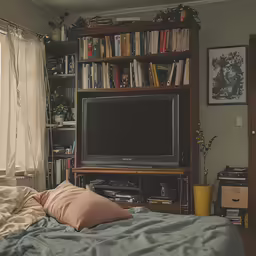 there is a flat screen television in a bedroom