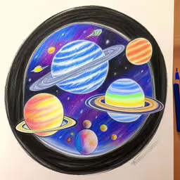a drawing of planets is shown on a desk,colored pencil drawing of planets in space,colored drawings of planets in a black circle on the table,an image of a picture of planets and their satellites,an image of a drawing of saturn
