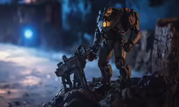 a sci - fion holds a rifle in his hand and a smaller sci - fion stands next to him