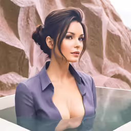 a woman poses in an artificial pool in the desert