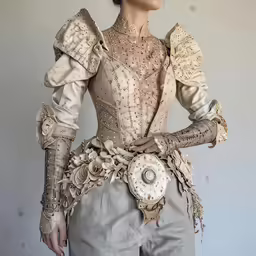 a woman in a very extravagant dress holding a bag