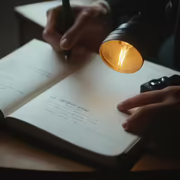 the person is writing in their notebook with his writing device