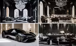 luxury room in black with modern furniture and chandelier