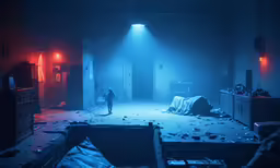 two people are standing in the dark near a room