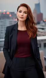 a woman in a suit posing in a room