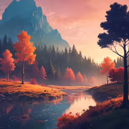 the scenery of a mountain forest and a lake at sunset,a painting with a river, trees and mountains