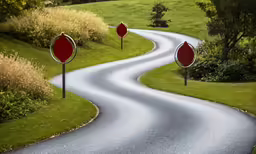 there are red street signs next to the road