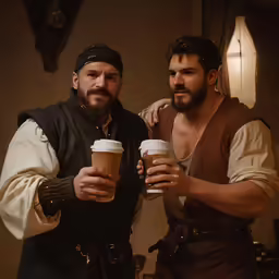 two men wearing pirate costumes holding drinks together
