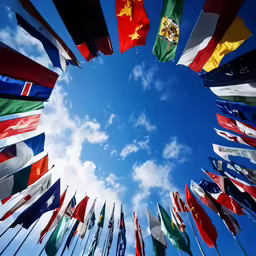 a circle of flags in different languages flying