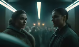 two young women are standing in a dimly lit area
